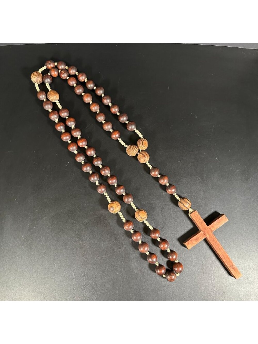 Vintage Large Carved Wooden WALL ROSARY BEADS Prayer Beads Cross Crucifix 44 In - Picture 2 of 2